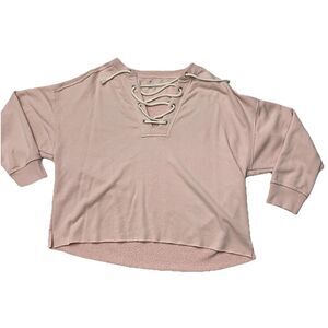 Aerie Sunday Soft Lace Up sweatshirt Pink Women's Medium High Low Raw Hem